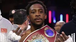 : Keyshawn Davis poses with the belt after his knock out of Denys Berinchyk in the fourth round during their WBO lightweight title fight during their junior bantamweight fight during their lightweight fight during their welterweight fight, during their heavyweight fight at The Theater at Madison Square Garden on February 14, 2025 in New York City.