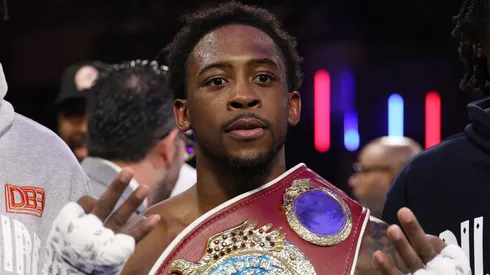 : Keyshawn Davis poses with the belt after his knock out of Denys Berinchyk in the fourth round during their WBO lightweight title fight during their junior bantamweight fight during their lightweight fight during their welterweight fight, during their heavyweight fight at The Theater at Madison Square Garden on February 14, 2025 in New York City.