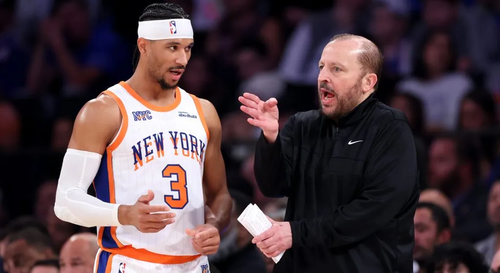 Tom Thibodeau and Josh Hart speaking in an NBA game