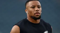 Saquon Barkley #26 of the Philadelphia Eagles warms up prior to the game against the Atlanta Falcons at Lincoln Financial Field on September 16, 2024 in Philadelphia, Pennsylvania.