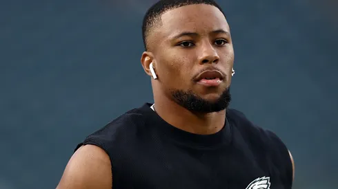 Saquon Barkley #26 of the Philadelphia Eagles warms up prior to the game against the Atlanta Falcons at Lincoln Financial Field on September 16, 2024 in Philadelphia, Pennsylvania.