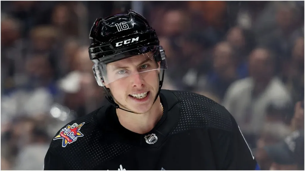 Mitchell Marner #16 of the Toronto Maple Leafs reacts after a missed change during a 3-0 Leafs win over the Los Angeles Kings at Crypto.com Arena on January 02, 2024 in Los Angeles, California.