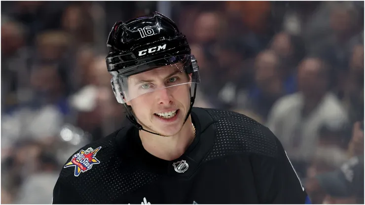 Mitchell Marner #16 of the Toronto Maple Leafs reacts after a missed change during a 3-0 Leafs win over the Los Angeles Kings at Crypto.com Arena on January 02, 2024 in Los Angeles, California.