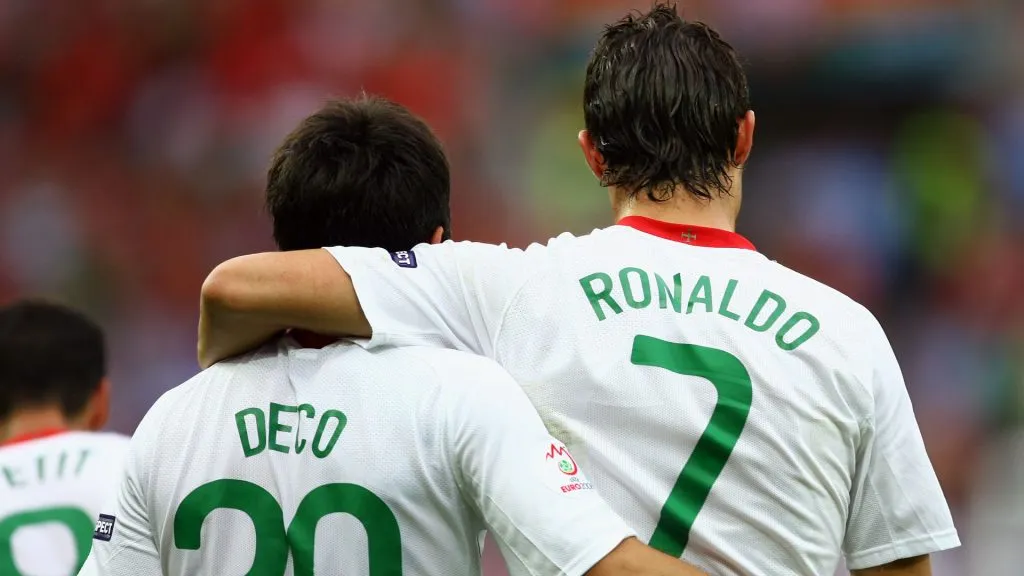 Cristiano Ronaldo of Portugal is congratulated by teammate Deco after scoring his teams second goal during the UEFA EURO 2008. (Bryn Lennon/Getty Images)