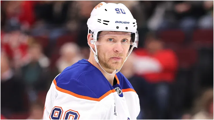 Corey Perry #90 of the Edmonton Oilers looks on against the Chicago Blackhawks during the first period at the United Center on January 11, 2025 in Chicago, Illinois.