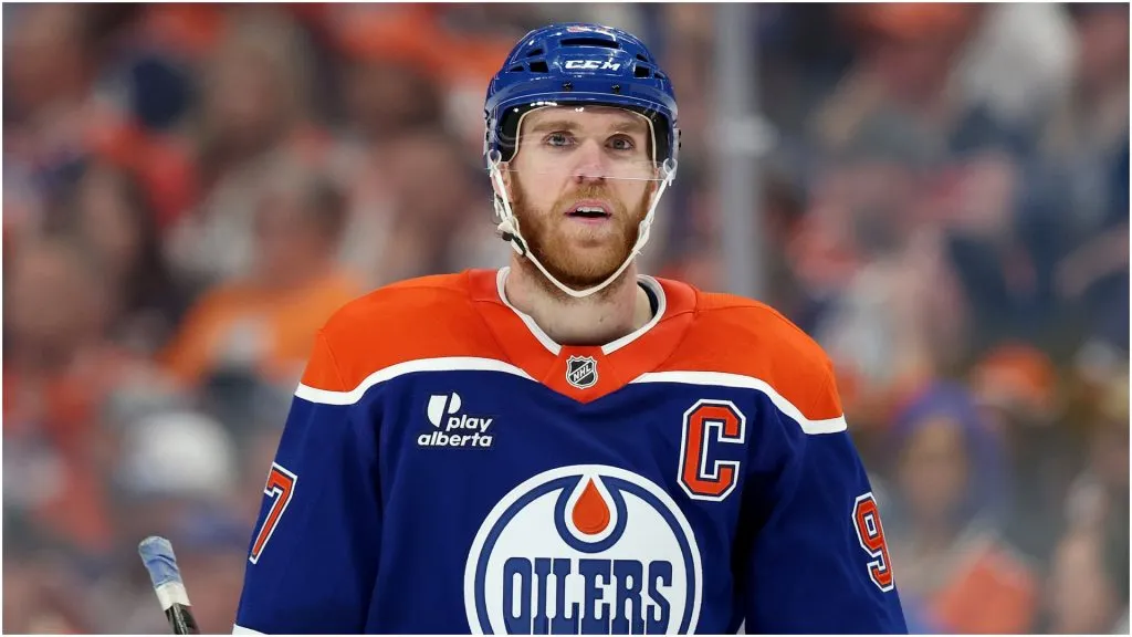 Connor McDavid #97 of the Edmonton Oilers looks on against the Dallas Stars during the third period in Game Three of the Western Conference Final of the 2025 Stanley Cup Playoffs at Rogers Place on May 25, 2025 in Edmonton, Alberta.
