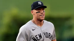 Aaron Judge #99 of the New York Yankees walks in the outfield before a game against the Los Angeles Angels at Angel Stadium of Anaheim on May 28, 2025 in Anaheim, California.