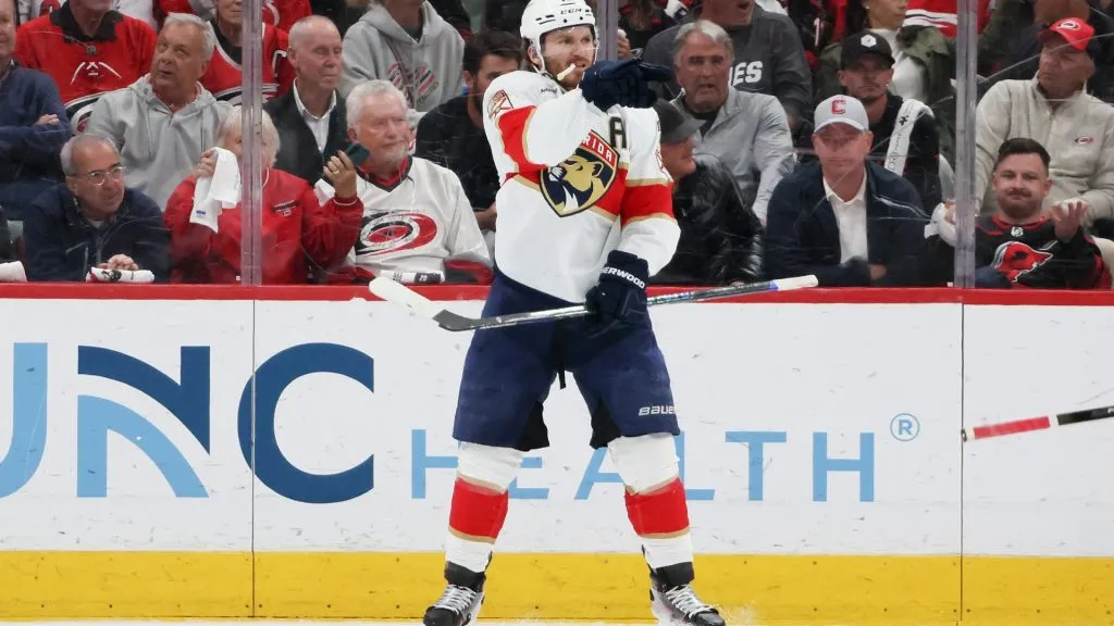 Matthew Tkachuk #19 of the Florida Panthers celebrates after scoring a goal against the Carolina Hurricanes during the second period in Game Five of the Eastern Conference Final of the 2025 Stanley Cup Playoffs at Lenovo Center on May 28, 2025 in Raleigh, North Carolina. (Photo by Bruce Bennett/Getty Images)