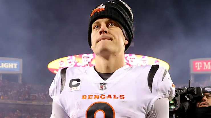 Joe Burrow #9 of the Cincinnati Bengals walks off the field after losing to the Kansas City Chiefs 23-20 in the AFC Championship Game at GEHA Field at Arrowhead Stadium on January 29, 2023 in Kansas City, Missouri.