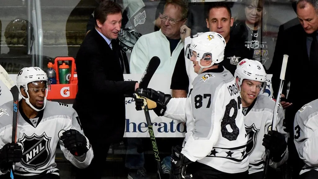 Wayne Gretzky celebrates with Sidney Crosby #87 of the Pittsburgh Penguins after a goal during the 2017 Honda NHL All-Star Game Semifinal #2 (Atlantic vs. Metropolitan) at Staples Center on January 29, 2017 in Los Angeles, California. (Photo by Harry How/Getty Images)