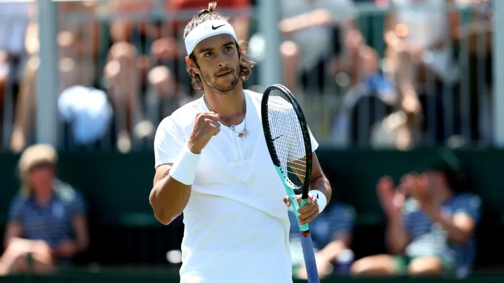 Lorenzo Musetti of Italy celebrates against Hubert Hurkacz of Poland in the Men’s Singles third round match during day five of The Championships Wimbledon 2023. (Source: Michael Regan/Getty Images)