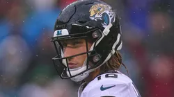 Trevor Lawrence #16 of the Jacksonville Jaguars looks on against the Philadelphia Eagles at Lincoln Financial Field on October 2, 2022 in Philadelphia, Pennsylvania.