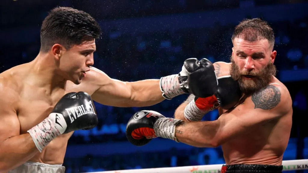 Armando Resendiz (L) punches WBA interim super middleweight champion Caleb Plant during the fourth round of their title fight at Michelob ULTRA Arena on May 31, 2025 in Las Vegas, Nevada. Resendiz took Plant’s title by split decision. (Photo by Steve Marcus/Getty Images)