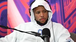 Saquon Barkley is interviewed at Radio Row at the Mandalay Bay Convention Center ahead of Super Bowl LVIII on February 09, 2024 in Las Vegas, Nevada.