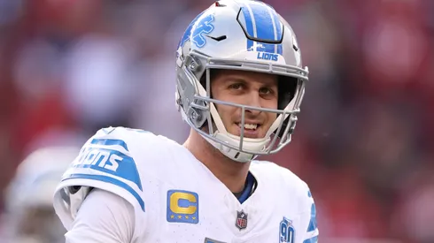 Jared Goff #16 of the Detroit Lions reacts prior to a game against the San Francisco 49ers in the NFC Championship Game at Levi's Stadium on January 28, 2024 in Santa Clara, California.