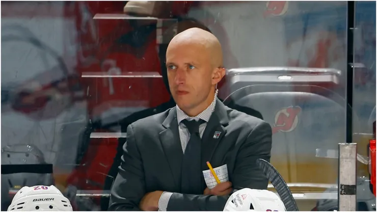 Assistant coach Dan Muse of the New York Rangers handles the bench during the game against the New Jersey Devils at Prudential Center on October 04, 2023 in Newark, New Jersey.