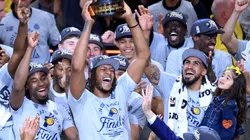 Myles Turner #33 of the Indiana Pacers celebrates with the Bob Cousy Trophy after the 125-108 win against the New York Knicks in Game Six of the Eastern Conference Finals of the 2025 NBA Playoffs at Gainbridge Fieldhouse on May 31, 2025 in Indianapolis, Indiana.