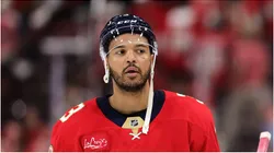 Seth Jones #3 of the Florida Panthers look on after losing to the Tampa Bay Lightning 5 in Game Three of the First Round of the 2025 Stanley Cup Playoffs at Amerant Bank Arena on April 26, 2025 in Sunrise, Florida.