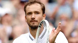 Daniil Medvedev celebrates winning match point against Arthur Fery of Great Britain in the Men's Singles first round match during day three of The Championships Wimbledon 2023.