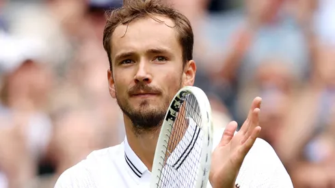 Daniil Medvedev celebrates winning match point against Arthur Fery of Great Britain in the Men's Singles first round match during day three of The Championships Wimbledon 2023.