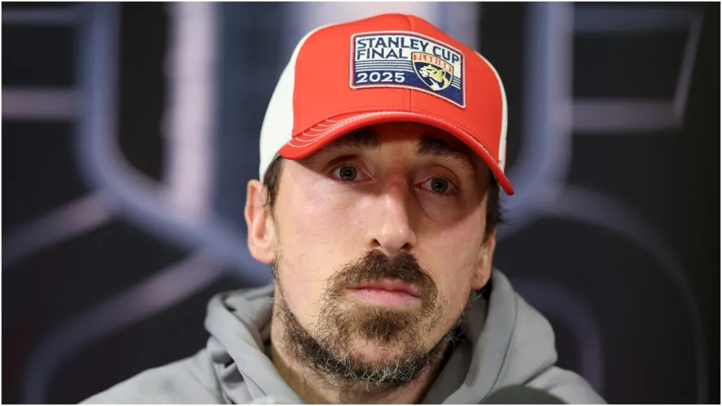 Brad Marchand #63 of the Florida Panthers speaks during Media Day prior to the 2025 Stanley Cup Final against the Edmonton Oilers at Rogers Place on June 03, 2025 in Edmonton, Alberta.