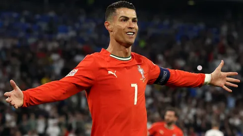 Cristiano Ronaldo of Portugal gestures after scoring his team's second goal during the UEFA Nations League 2025 semifinal.