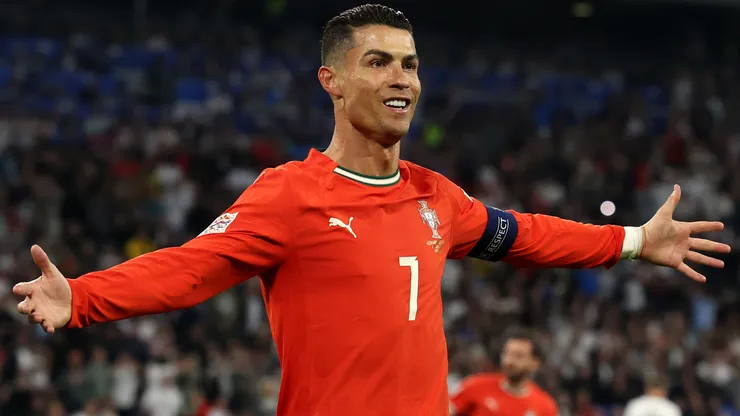 Cristiano Ronaldo of Portugal gestures after scoring his team's second goal during the UEFA Nations League 2025 semifinal.