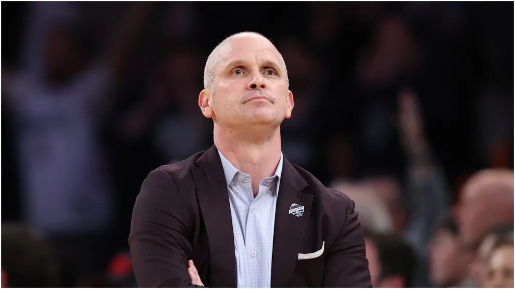 Head coach Dan Hurley of the Connecticut Huskies looks on in the second half of a semifinal game against the Creighton Bluejays during the Big East Men's Basketball Tournament at Madison Square Garden on March 14, 2025 in New York City. The Bluejays won 71-62.