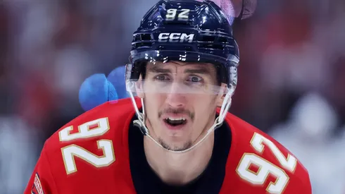omas Nosek #92 of the Florida Panthers reacts during the second period against the Toronto Maple Leafs in Game Four of the Second Round of the 2025 Stanley Cup Playoffs.