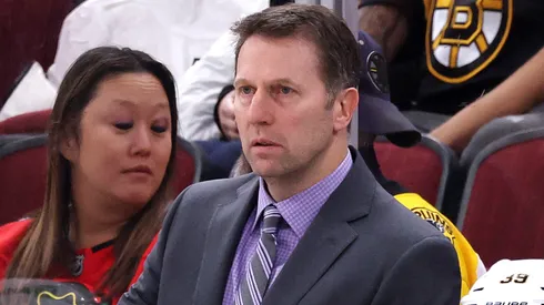Interim Head Coach Joe Sacco of the Boston Bruins looks on against the Chicago Blackhawks during the third period at the United Center on December 04, 2024 in Chicago, Illinois.