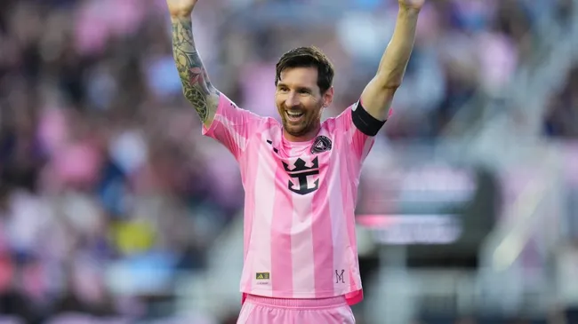 Lionel Messi celebrates after scoring for Inter Miami (Rich Storry/Getty Images)