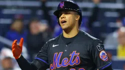 Juan Soto #22 of the New York Mets reacts after striking out looking in the sixth inning against the Los Angeles Dodgers at Citi Field on May 23, 2025 in New York City.