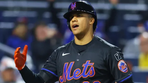Juan Soto #22 of the New York Mets reacts after striking out looking in the sixth inning against the Los Angeles Dodgers at Citi Field on May 23, 2025 in New York City.