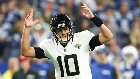 Mac Jones #10 of the Jacksonville Jaguars celebrates after scoring a touchdown in the first quarter against the Indianapolis Colts at Lucas Oil Stadium on January 05, 2025 in Indianapolis, Indiana.