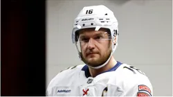Aleksander Barkov #16 of the Florida Panthers looks on prior to a game against the Carolina Hurricanes in Game Two of the Eastern Conference Final of the 2025 Stanley Cup Playoffs at Lenovo Center on May 22, 2025 in Raleigh, North Carolina.