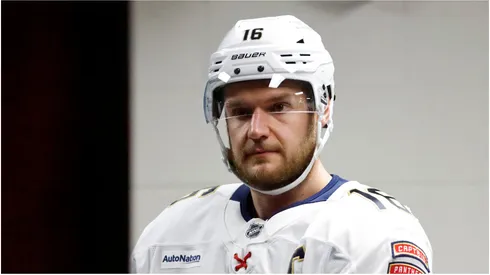 Aleksander Barkov #16 of the Florida Panthers looks on prior to a game against the Carolina Hurricanes in Game Two of the Eastern Conference Final of the 2025 Stanley Cup Playoffs at Lenovo Center on May 22, 2025 in Raleigh, North Carolina.
