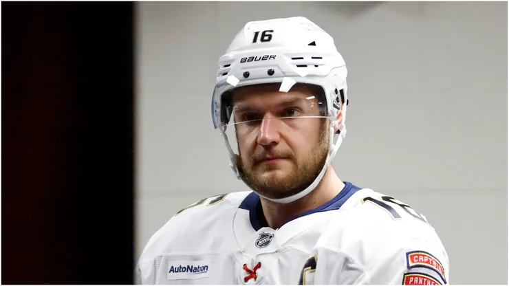 Aleksander Barkov #16 of the Florida Panthers looks on prior to a game against the Carolina Hurricanes in Game Two of the Eastern Conference Final of the 2025 Stanley Cup Playoffs at Lenovo Center on May 22, 2025 in Raleigh, North Carolina.