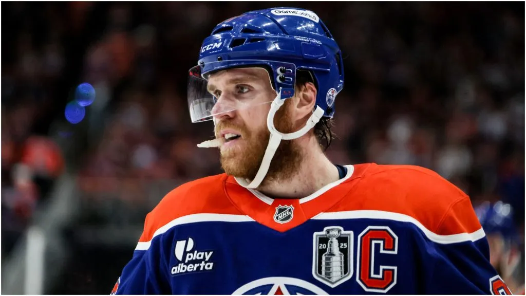 Connor McDavid #97 of the Edmonton Oilers looks on during the first period against the Florida Panthers in Game One of the 2025 Stanley Cup Final at Rogers Place on June 04, 2025 in Edmonton, Alberta, Canada. 