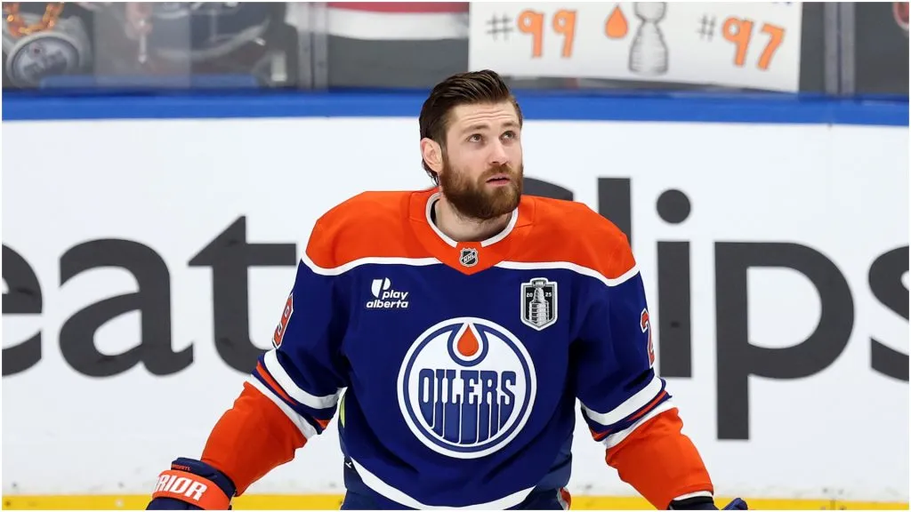 Leon Draisaitl #29 of the Edmonton Oilers warms up prior to a game against the Florida Panthers in Game One of the 2025 Stanley Cup Final at Rogers Place on June 04, 2025 in Edmonton, Alberta, Canada. 