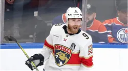 Sam Bennett #9 of the Florida Panthers reacts after scoring on Stuart Skinner #74 of the Edmonton Oilers during the second period in Game One of the 2025 Stanley Cup Final at Rogers Place on June 04, 2025 in Edmonton, Alberta, Canada.