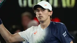 Alex de Minaur of Australia celebrates winning match point against Alex Michelsen of the United States in the Men's Singles Fourth Round match during day nine of the 2025 Australian Open.