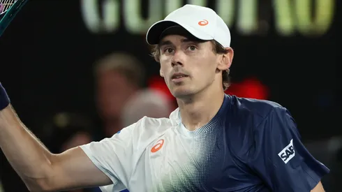 Alex de Minaur of Australia celebrates winning match point against Alex Michelsen of the United States in the Men's Singles Fourth Round match during day nine of the 2025 Australian Open.