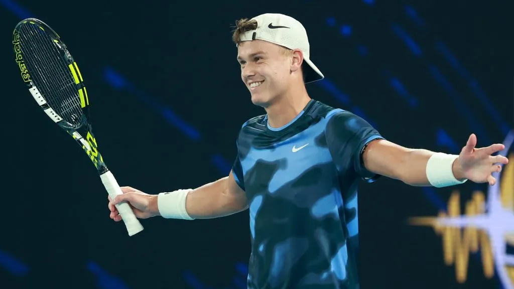 Holger Rune of Denmark celebrates winning against Casper Ruud of Norway during their Red Bull Bassline Final ahead of the 2025 Australian Open. (Source: Kelly Defina/Getty Images)