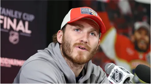 Matthew Tkachuk #19 of the Florida Panthers speaks during Media Day prior to the 2025 Stanley Cup Final against the Edmonton Oilers at Rogers Place on June 03, 2025 in Edmonton, Alberta.