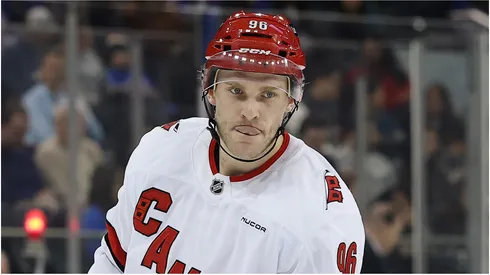Mikko Rantanen #96 of the Carolina Hurricanes in action during the game against the New York Rangers at Madison Square Garden on January 28, 2025 in New York City.