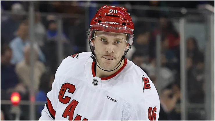 Mikko Rantanen #96 of the Carolina Hurricanes in action during the game against the New York Rangers at Madison Square Garden on January 28, 2025 in New York City.