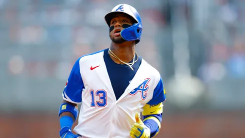 Ronald Acuña Jr. #13 of the Atlanta Braves rounds second after hitting a two run home run during the fourth inning against the Boston Red Sox at Truist Park on May 31, 2025 in Atlanta, Georgia.