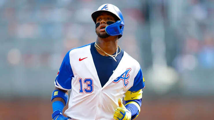 Ronald Acuña Jr. #13 of the Atlanta Braves rounds second after hitting a two run home run during the fourth inning against the Boston Red Sox at Truist Park on May 31, 2025 in Atlanta, Georgia.