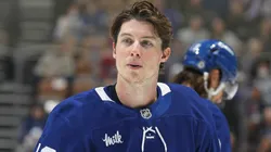 Mitchell Marner #16 of the Toronto Maple Leafs takes a breather against the Montreal Canadiens during the first period in an NHL game at Scotiabank Arena on April 12, 2025 in Toronto, Ontario, Canada.