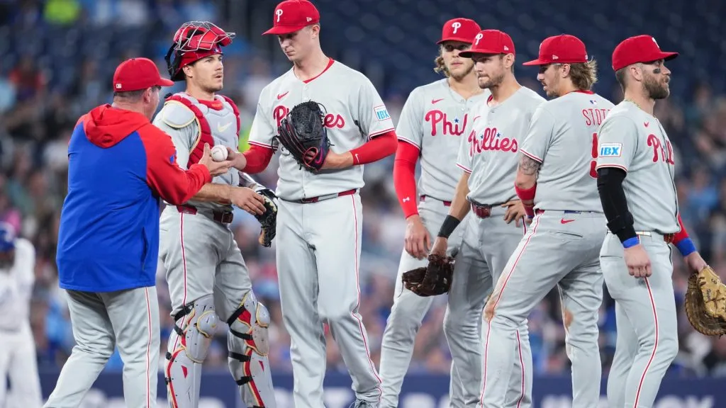 : Mick Abel #40 of the Philadelphia Phillies is taken out of the game by manager Rob Thomson in a break in play against the Toronto Blue Jays during the sixth inning against the Toronto Blue Jays in their MLB game at the Rogers Centre on June 4, 2025 in Toronto, Ontario, Canada. (Photo by Mark Blinch/Getty Images)